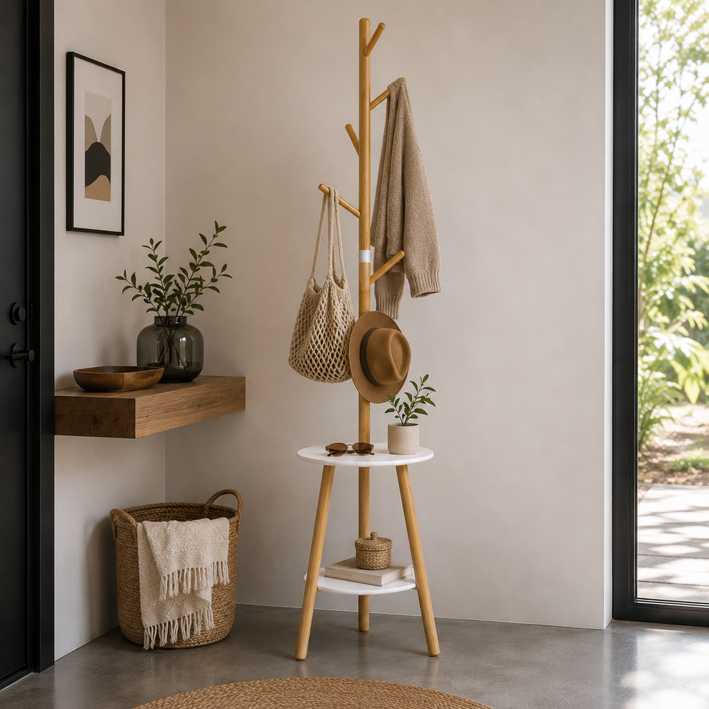 Porte-Manteau sur Pied Blanc Bambou Étagère, vue 2 sur 4
