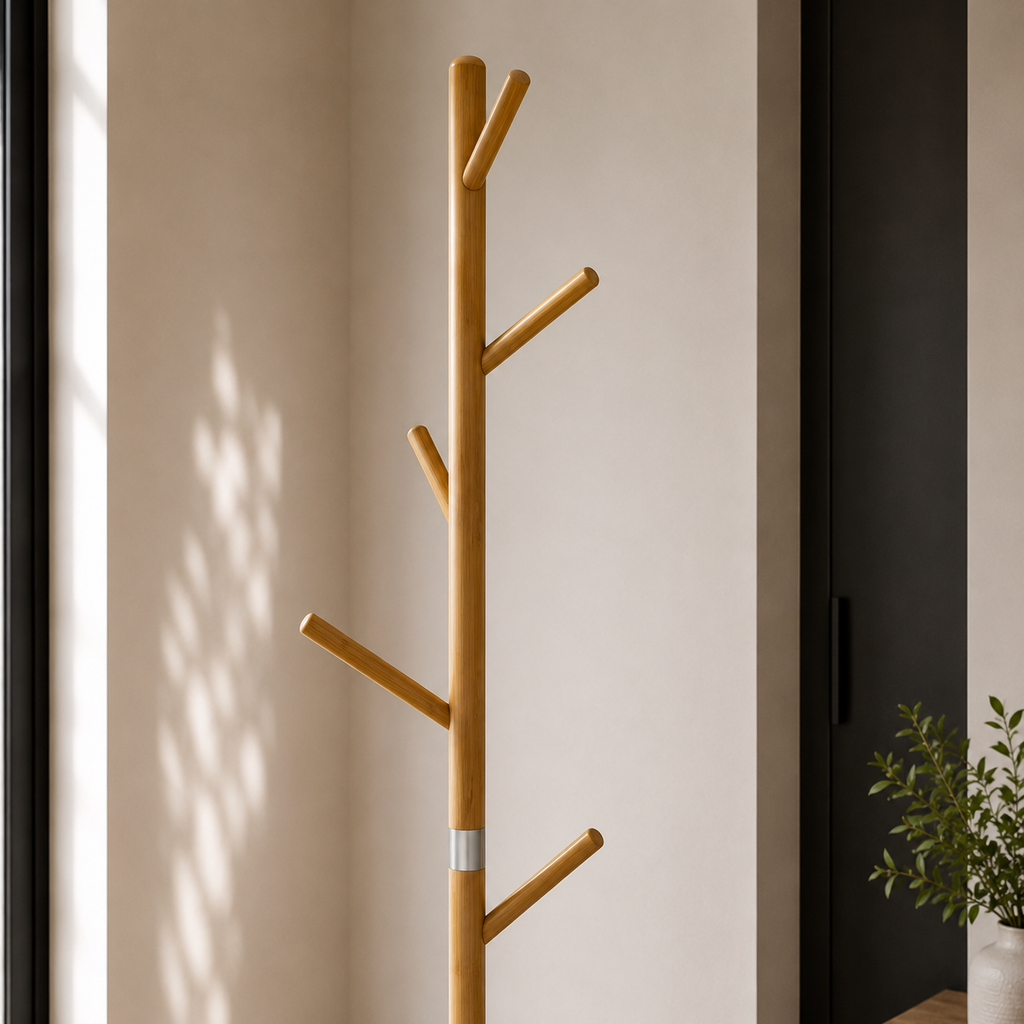 Porte-Manteau sur Pied Blanc Bambou Étagère, vue 3 sur 4
