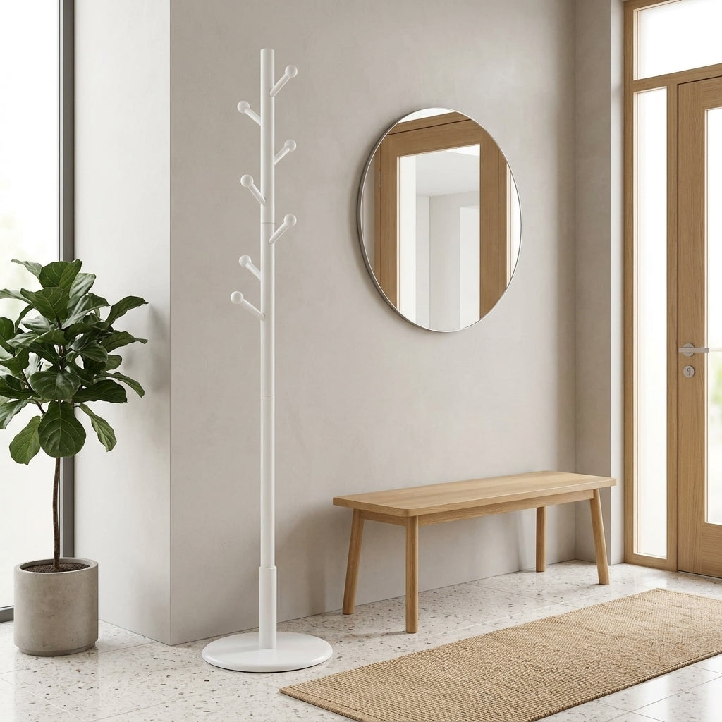 Porte-Manteau sur Pied Blanc Bois Arbre Boules Socle, vue 1 sur 5