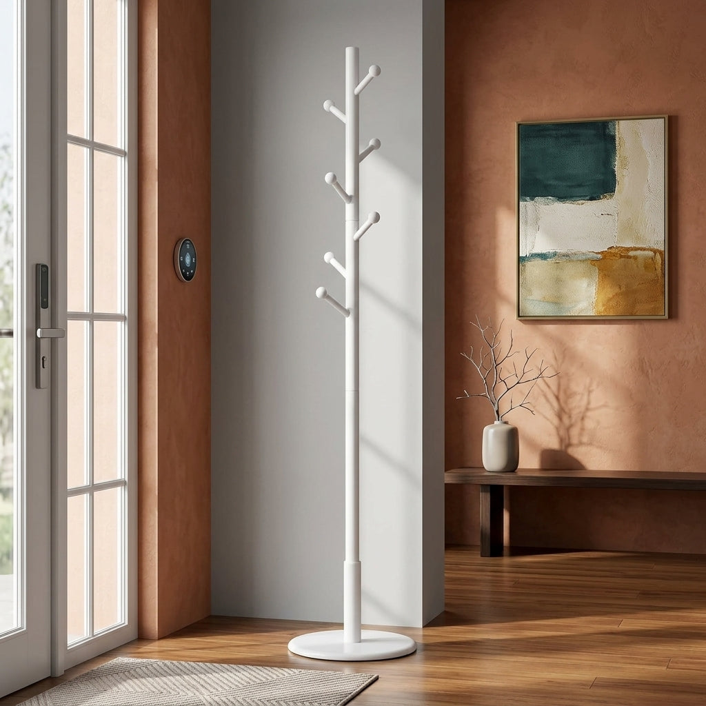 Porte-Manteau sur Pied Blanc Bois Arbre Boules Socle, vue 2 sur 5