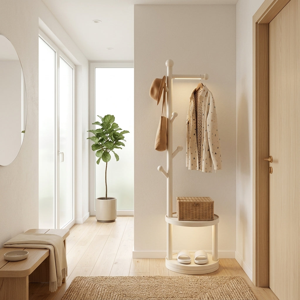 Porte-Manteau sur Pied Blanc Bois Barre Étagères Rondes, vue 1 sur 4