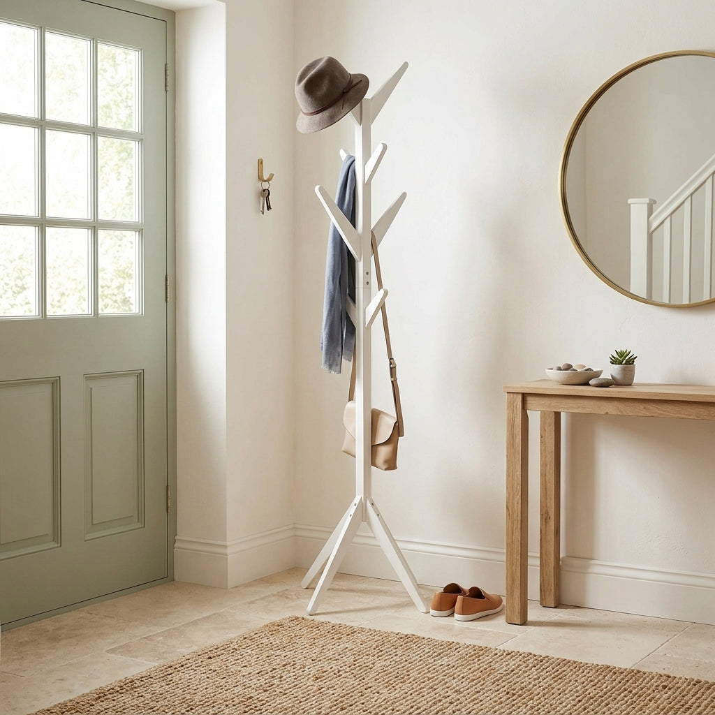 Porte-Manteau sur Pied Blanc Bois Branches Trépied, vue 1 sur 4