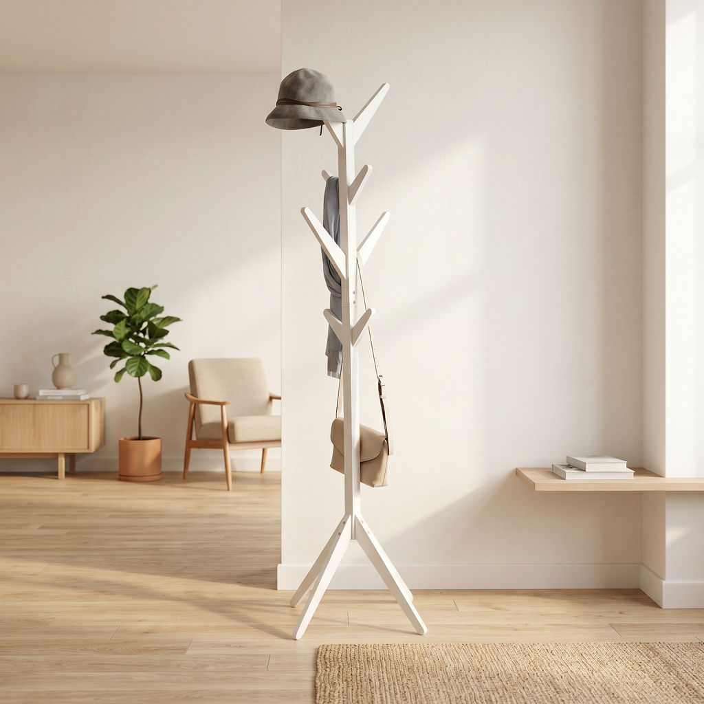 Porte-Manteau sur Pied Blanc Bois Branches Trépied, vue 2 sur 4