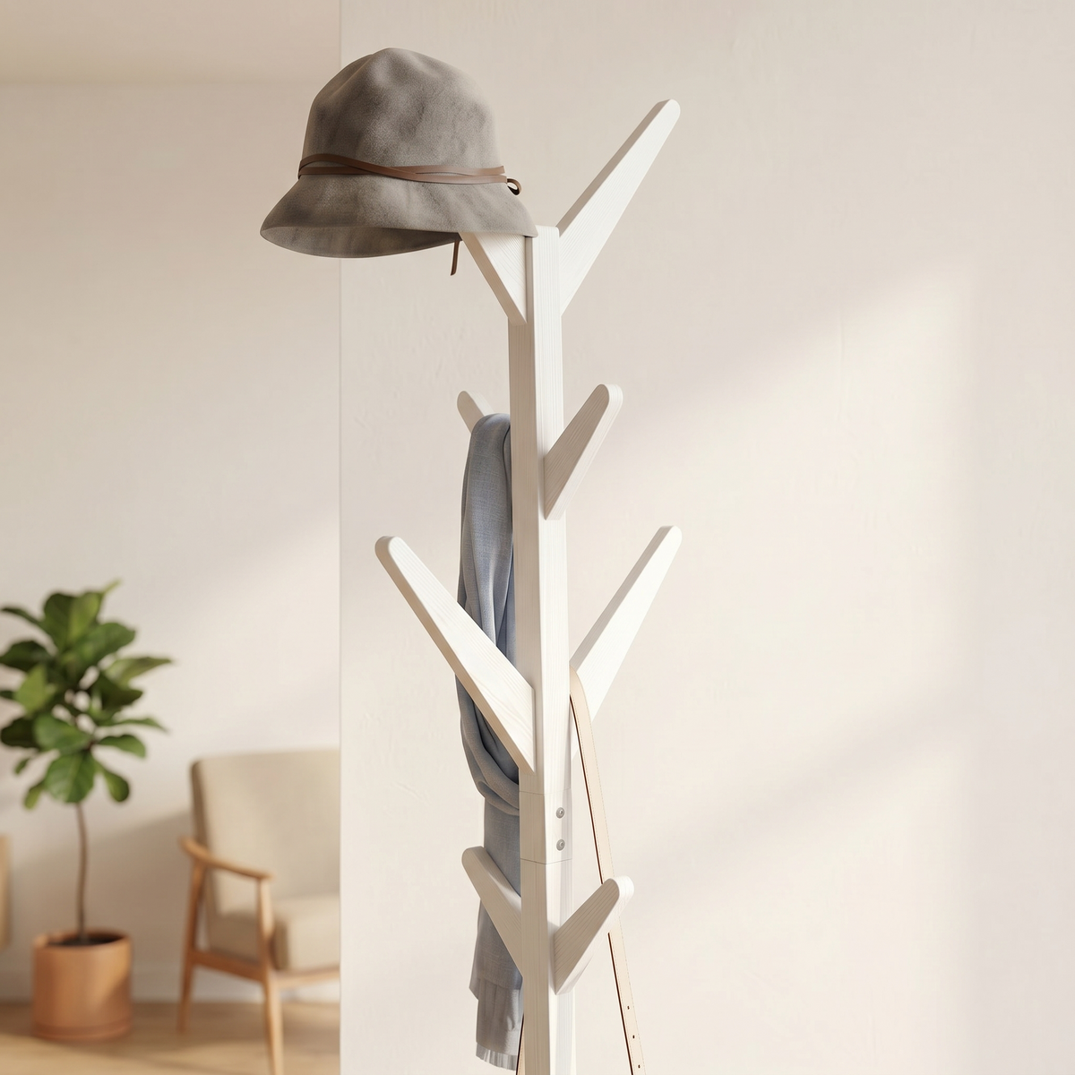 Porte-Manteau sur Pied Blanc Bois Branches Trépied, vue 3 sur 4