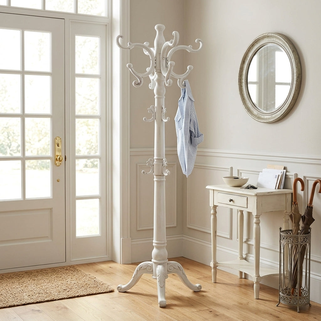 Porte-Manteau sur Pied Blanc Bois Perroquet Tourné Trépied, vue 1 sur 4