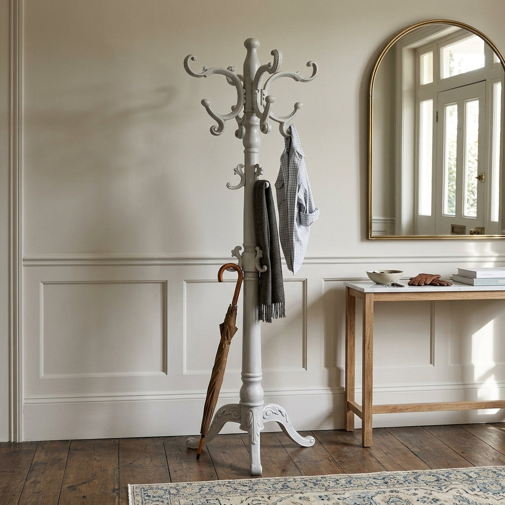 Porte-Manteau sur Pied Blanc Bois Perroquet Tourné Trépied, vue 2 sur 4