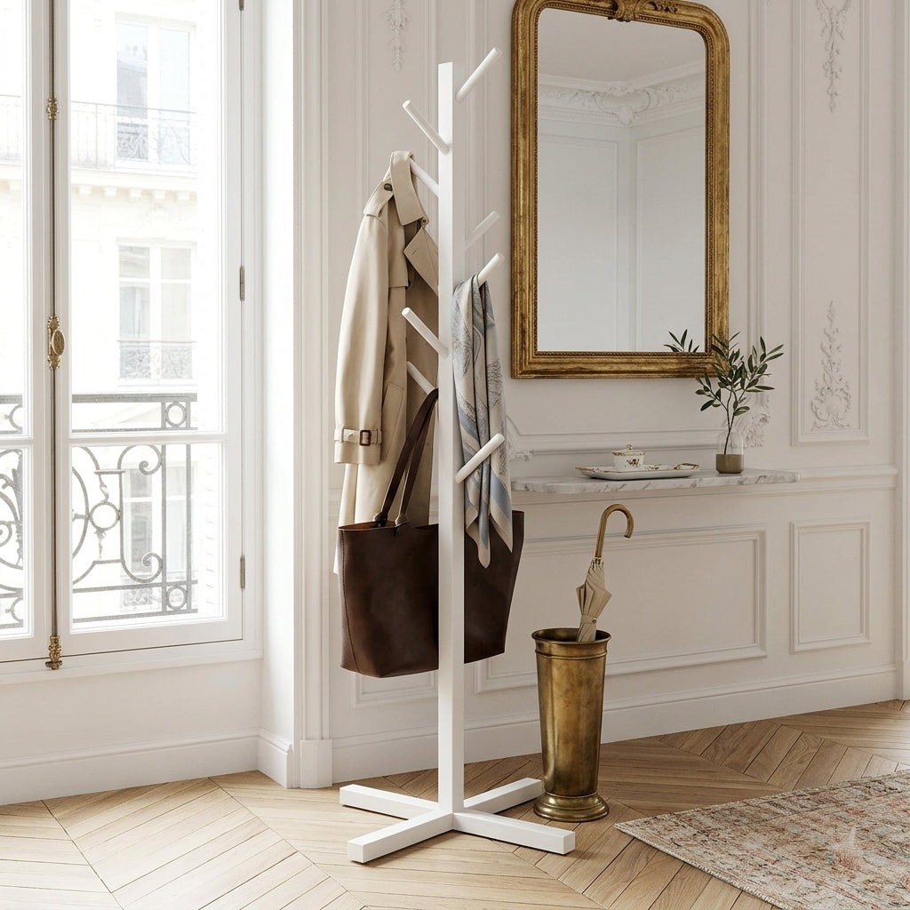 Porte-Manteau sur Pied Blanc Branche Base Croisée, vue 1 sur 4