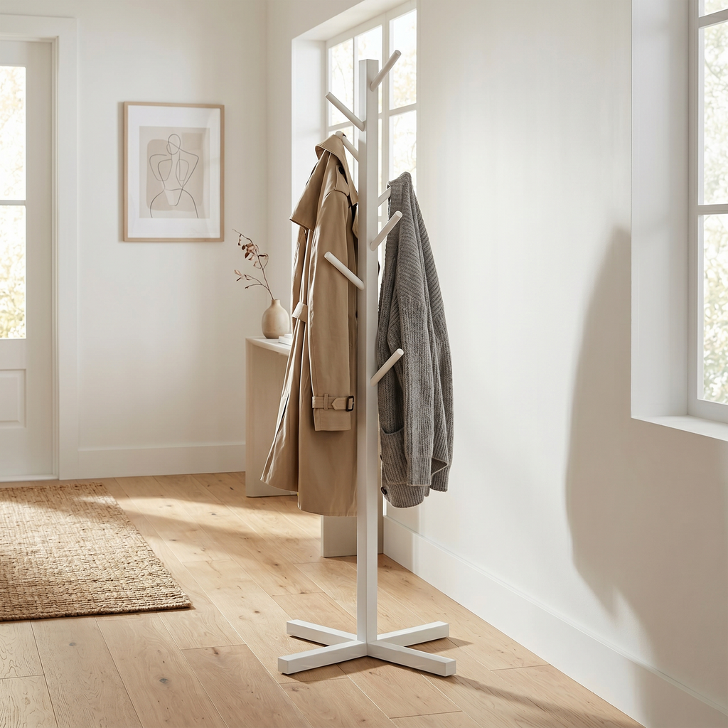 Porte-Manteau sur Pied Blanc Branche Base Croisée, vue 2 sur 4