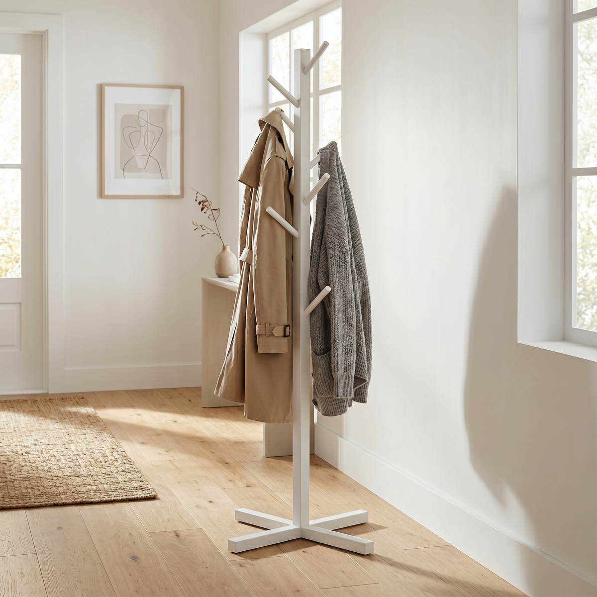 Porte-Manteau sur Pied Blanc Branche Base Croisée, vue 2 sur 4