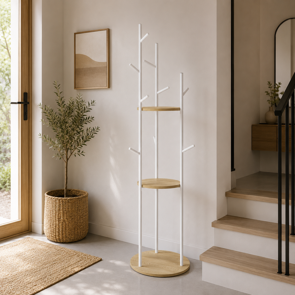 Porte-Manteau sur Pied Blanc Étagères Rondes, vue 1 sur 4