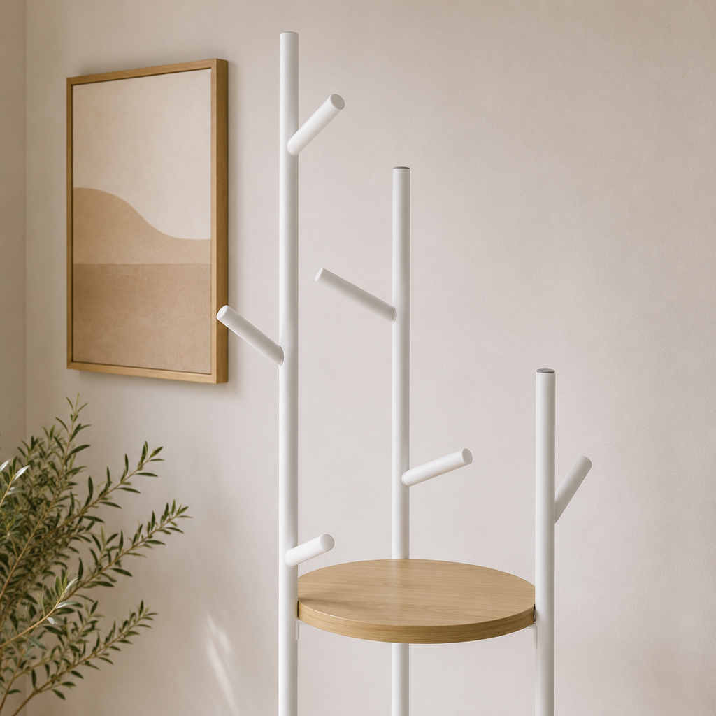 Porte-Manteau sur Pied Blanc Étagères Rondes, vue 3 sur 4