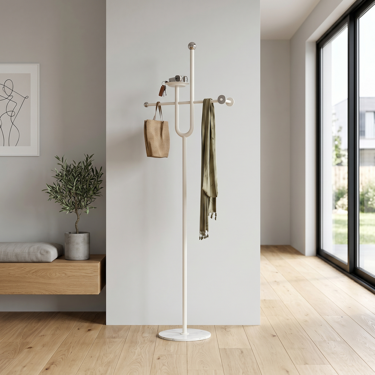 Porte-Manteau sur Pied Blanc Fourche Traverse et Vide-Poche, vue 1 sur 4