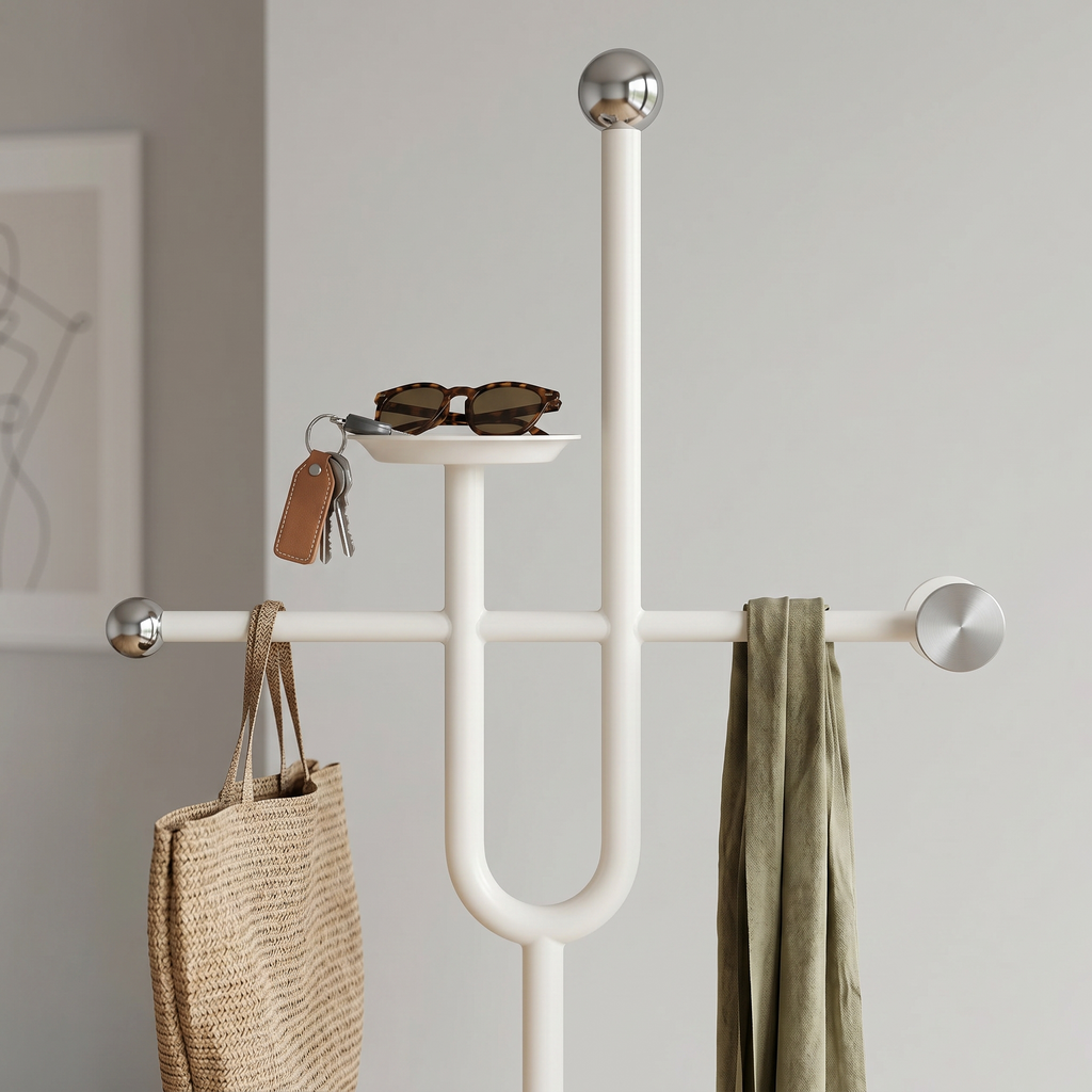 Porte-Manteau sur Pied Blanc Fourche Traverse et Vide-Poche, vue 2 sur 4