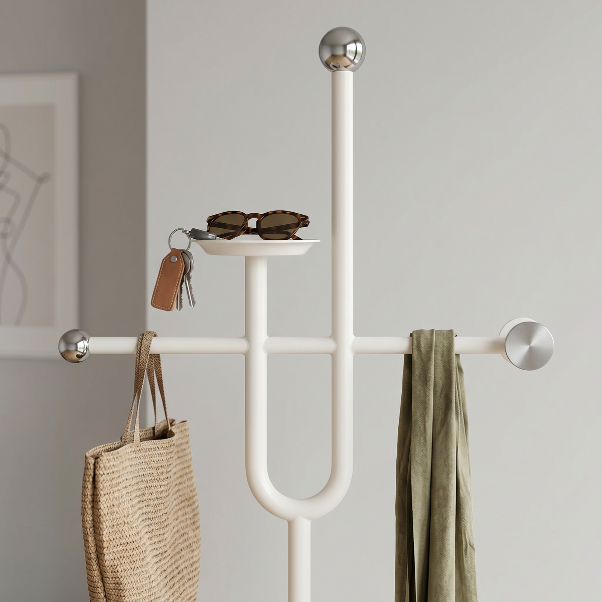 Porte-Manteau sur Pied Blanc Fourche Traverse et Vide-Poche, vue 2 sur 4