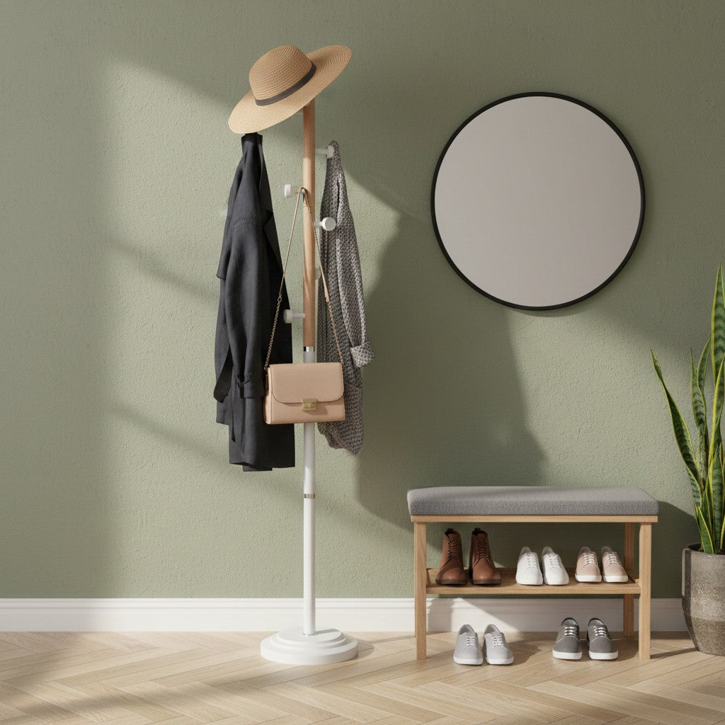 Porte-Manteau sur Pied Blanc Fût Bois Patères Étagées, vue 2 sur 4