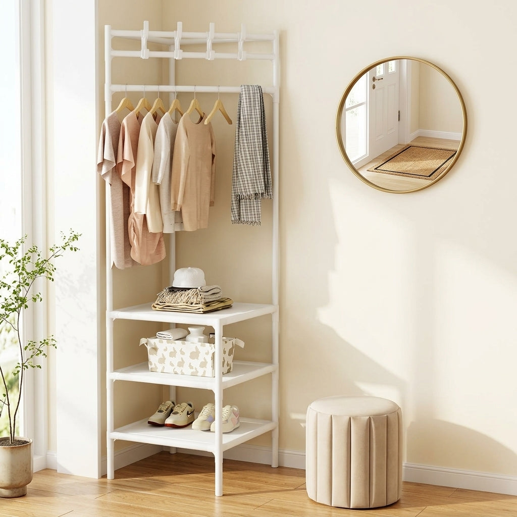 Porte-Manteau sur Pied Blanc Métal Barre Cintres Étagères, vue 2 sur 4