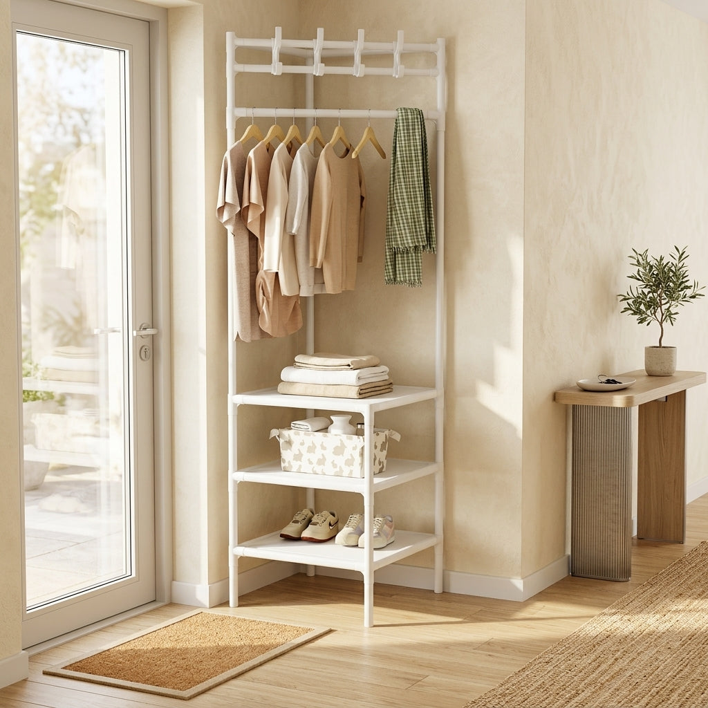 Porte-Manteau sur Pied Blanc Métal Barre Cintres Étagères, vue 3 sur 4