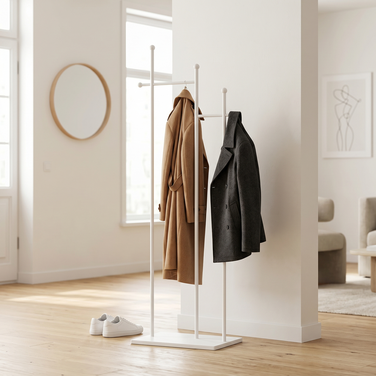 Porte-Manteau sur Pied Blanc Montants Barre Cintres, vue 1 sur 4
