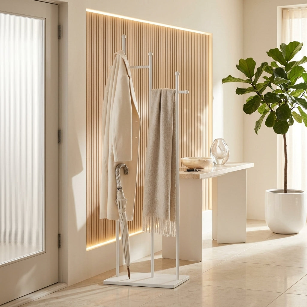 Porte-Manteau sur Pied Blanc Montants Barre Cintres, vue 3 sur 4