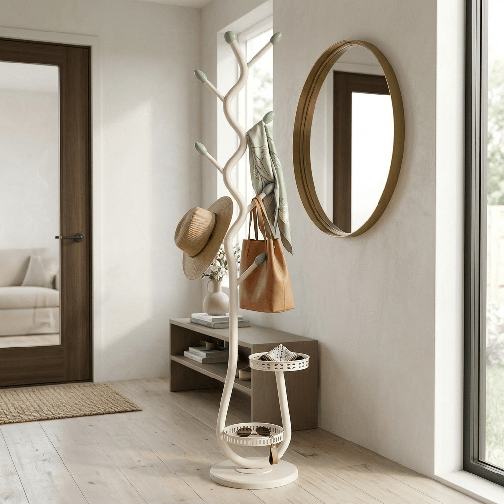 Porte-Manteau sur Pied Blanc Tige Ondulée Plateaux Ajourés, vue 2 sur 4
