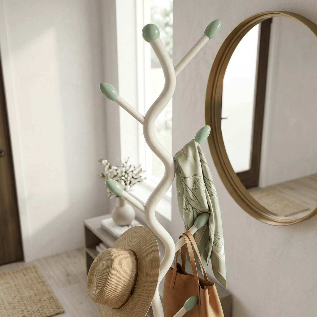 Porte-Manteau sur Pied Blanc Tige Ondulée Plateaux Ajourés, vue 3 sur 4