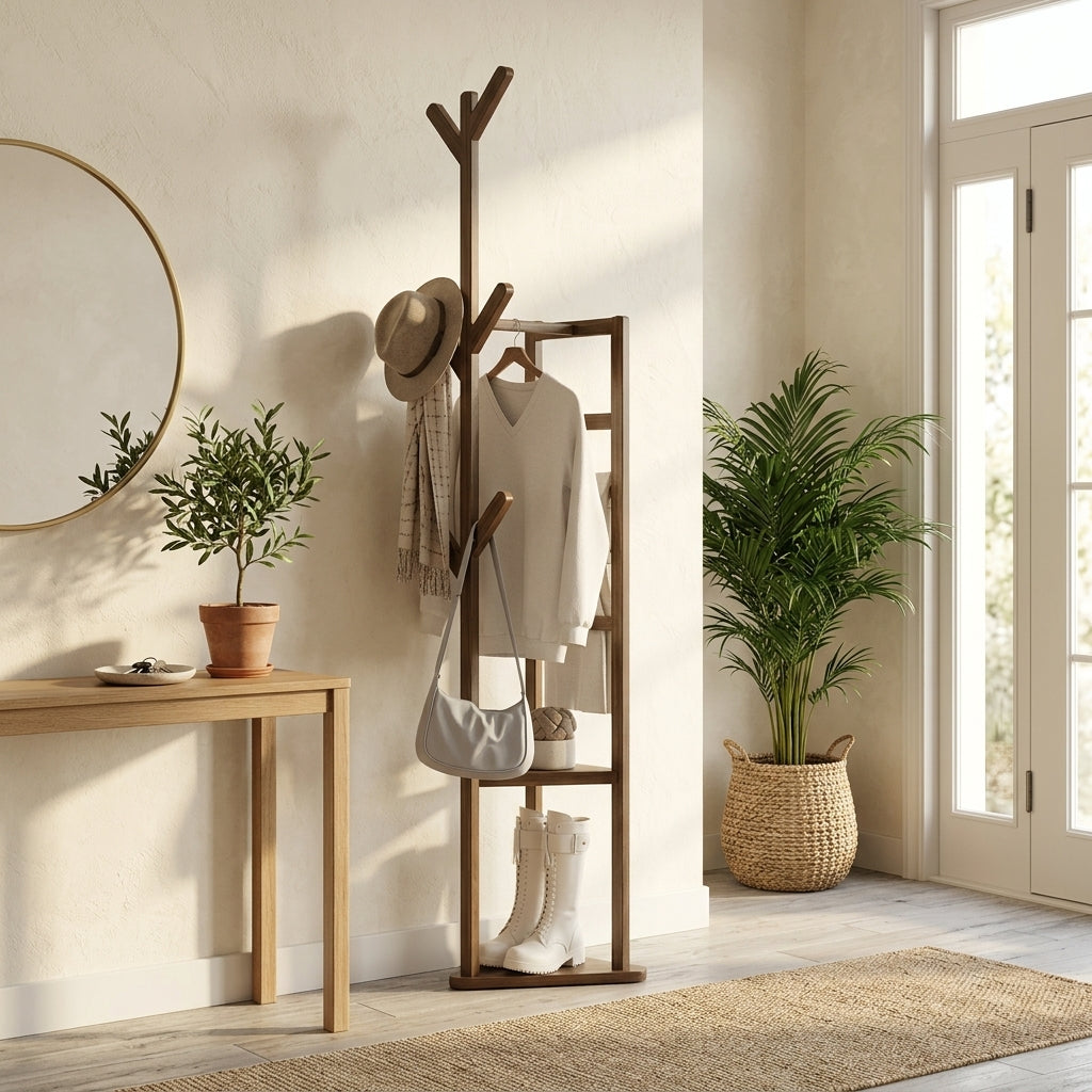 Porte-Manteau sur Pied Bois Foncé Arbre Barre Cintres, vue 1 sur 4