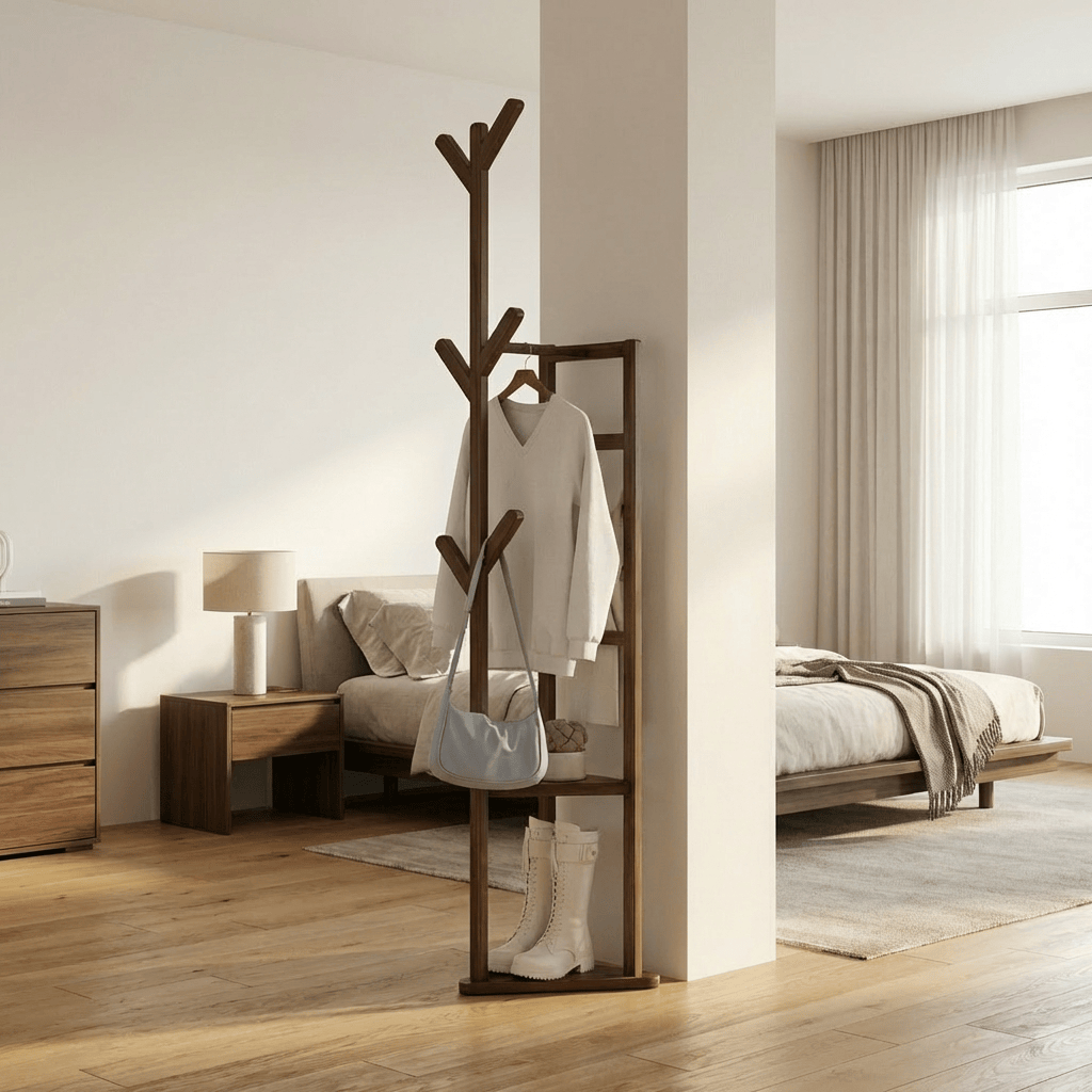 Porte-Manteau sur Pied Bois Foncé Arbre Barre Cintres, vue 2 sur 4