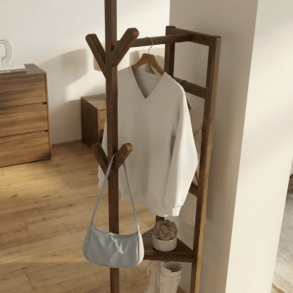 Porte-Manteau sur Pied Bois Foncé Arbre Barre Cintres, vue 3 sur 4