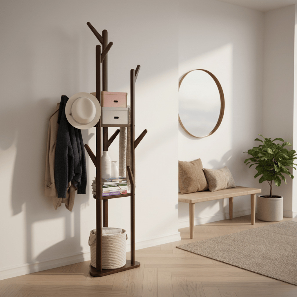 Porte-Manteau sur Pied Bois Foncé Branches Tablettes, vue 1 sur 4