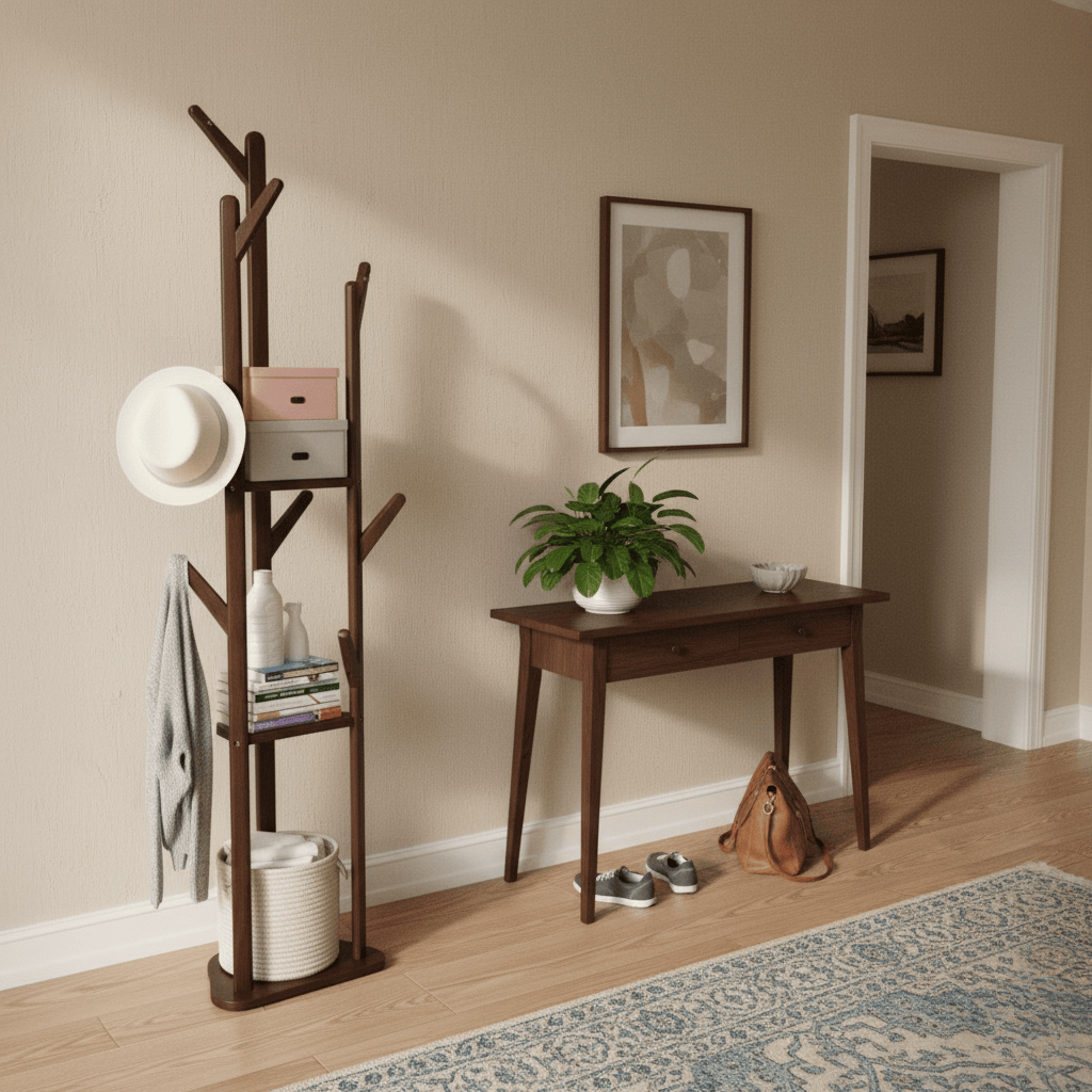 Porte-Manteau sur Pied Bois Foncé Branches Tablettes, vue 2 sur 4