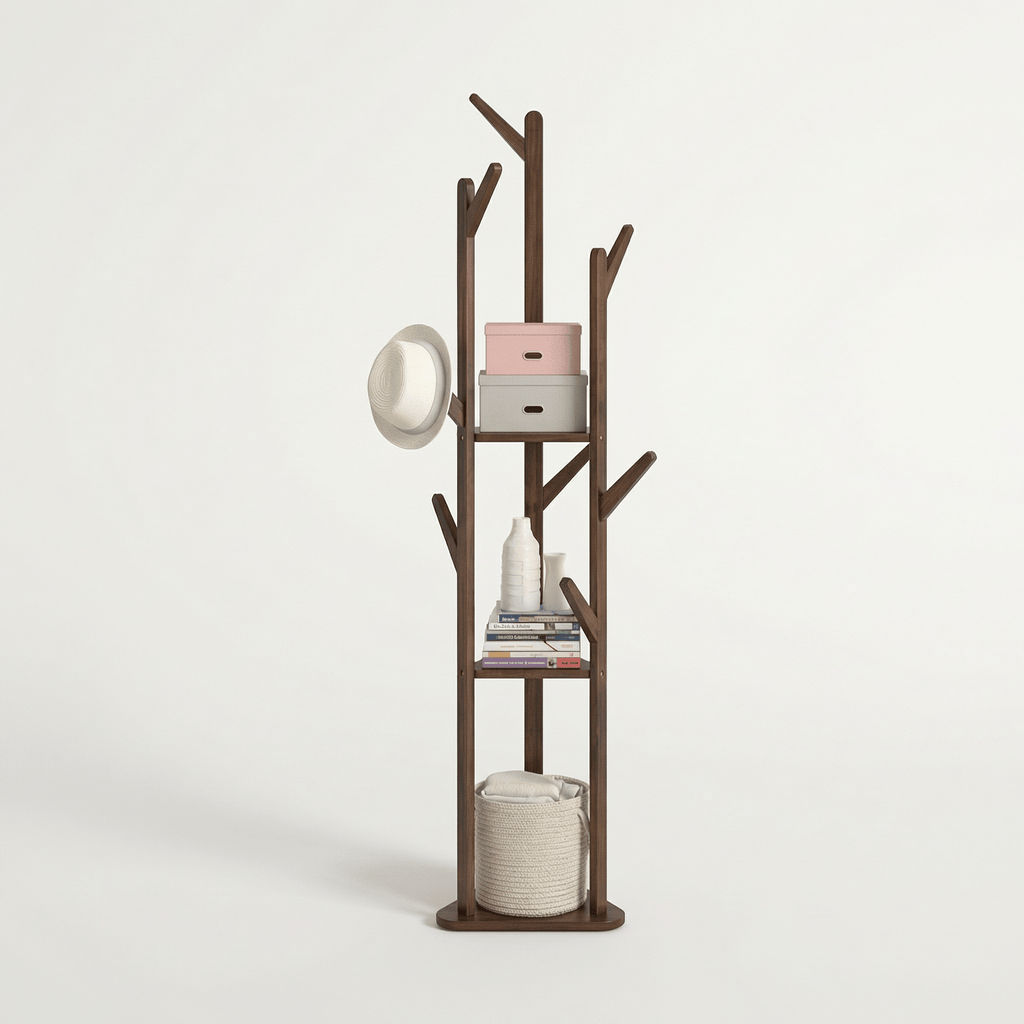 Porte-Manteau sur Pied Bois Foncé Branches Tablettes, vue 3 sur 4