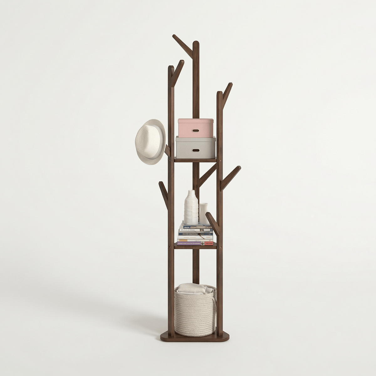 Porte-Manteau sur Pied Bois Foncé Branches Tablettes, vue 3 sur 4