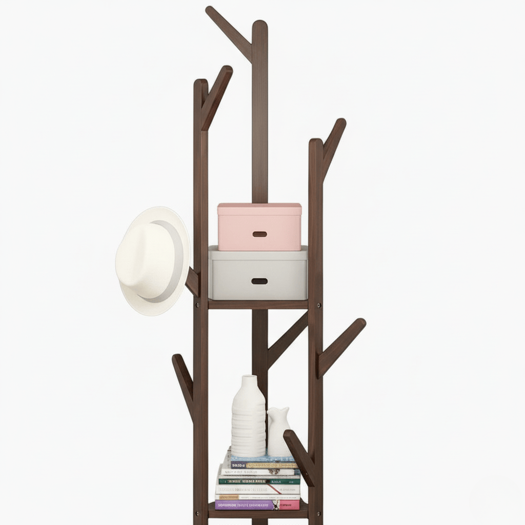 Porte-Manteau sur Pied Bois Foncé Branches Tablettes, vue 4 sur 4