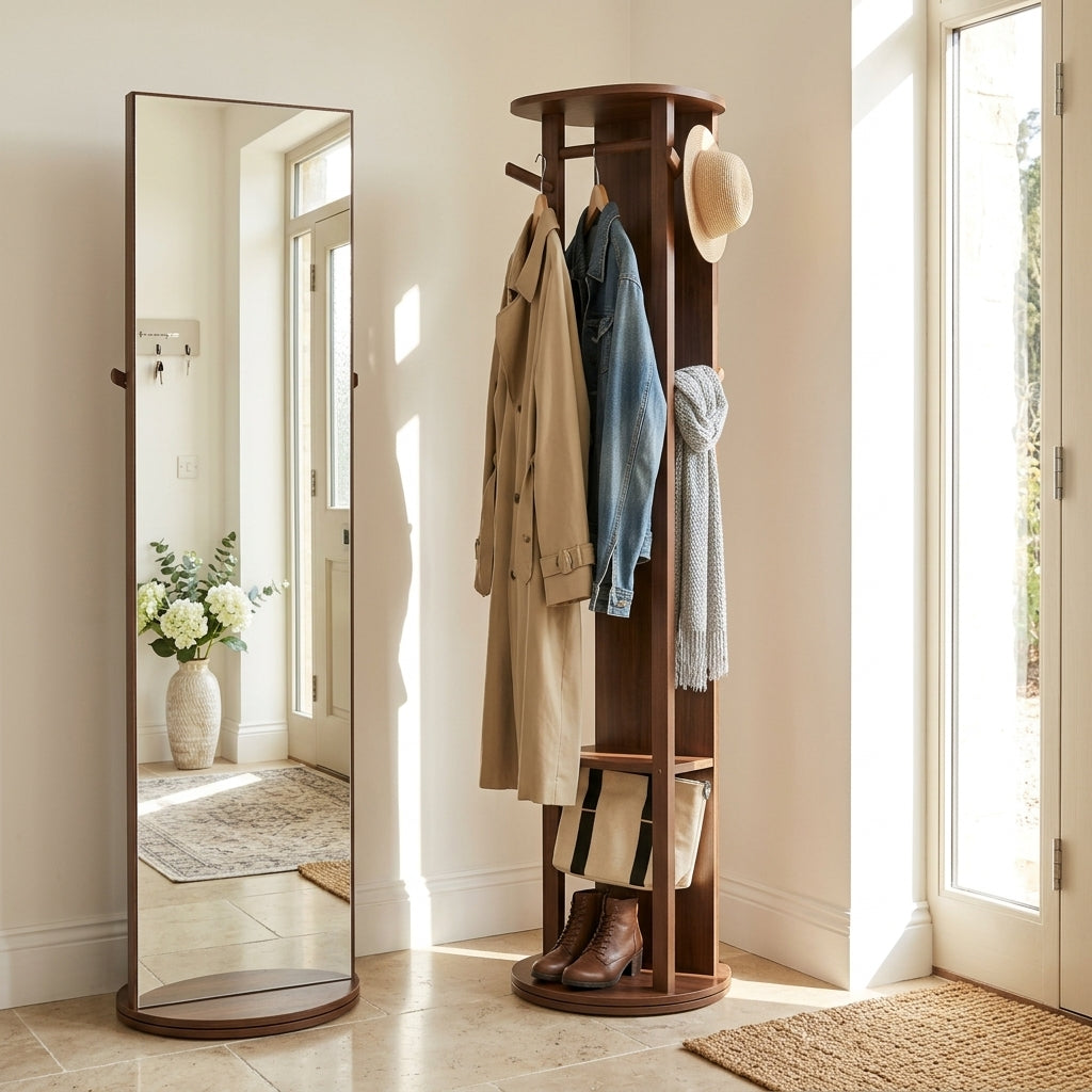 Porte-Manteau sur Pied Bois Massif Miroir, vue 1 sur 5
