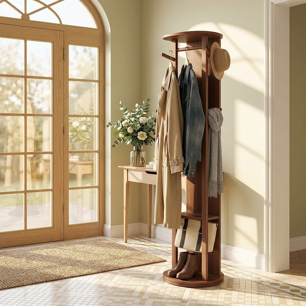 Porte-Manteau sur Pied Bois Massif Miroir, vue 2 sur 5