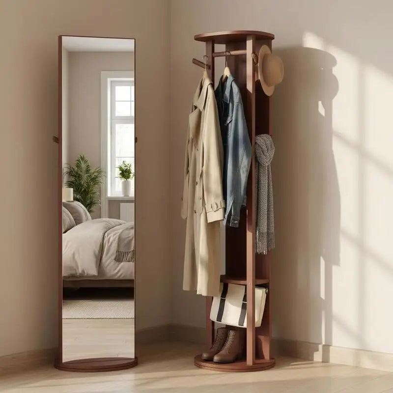 Porte-Manteau sur Pied Bois Massif Miroir, vue 4 sur 5