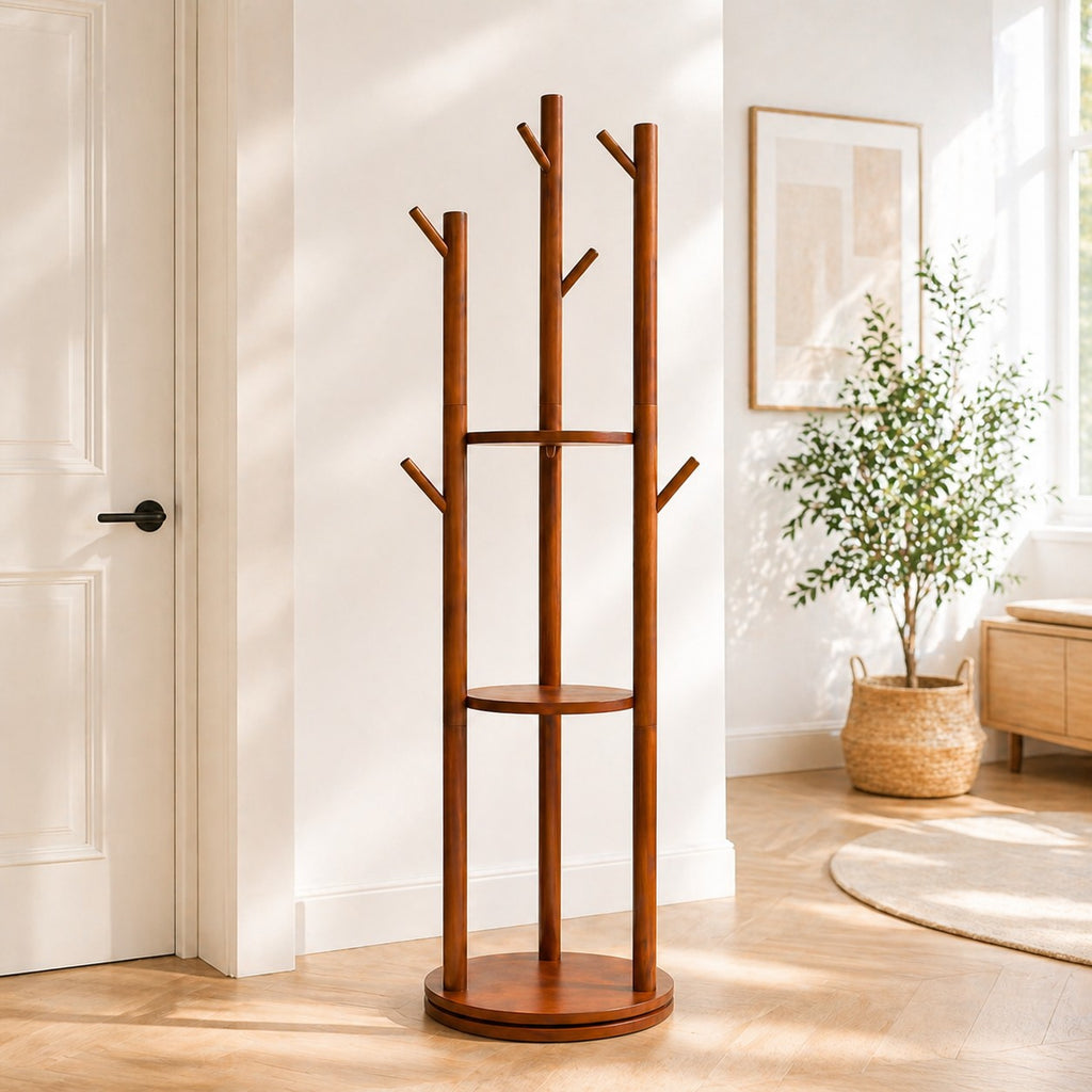 Porte-Manteau sur Pied Bois Montants Tablettes Rondes, vue 1 sur 4