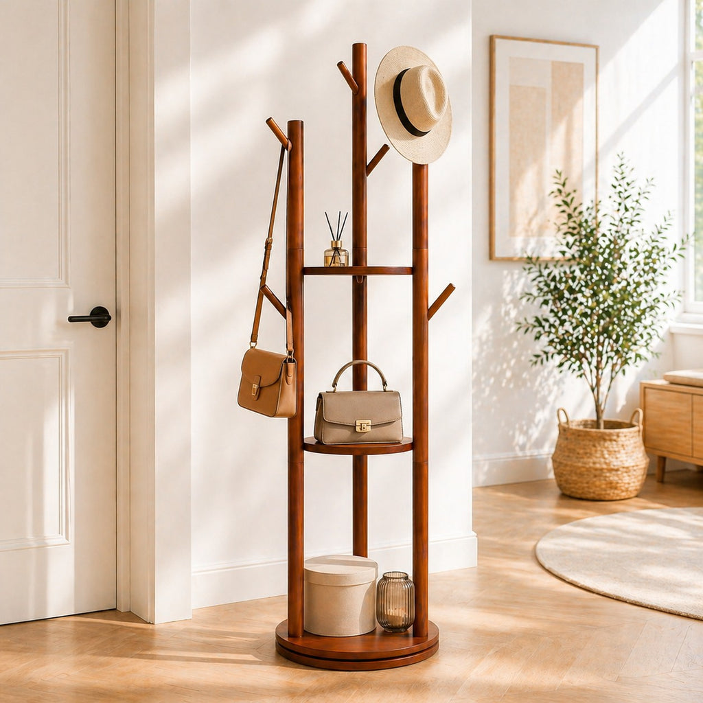 Porte-Manteau sur Pied Bois Montants Tablettes Rondes, vue 2 sur 4