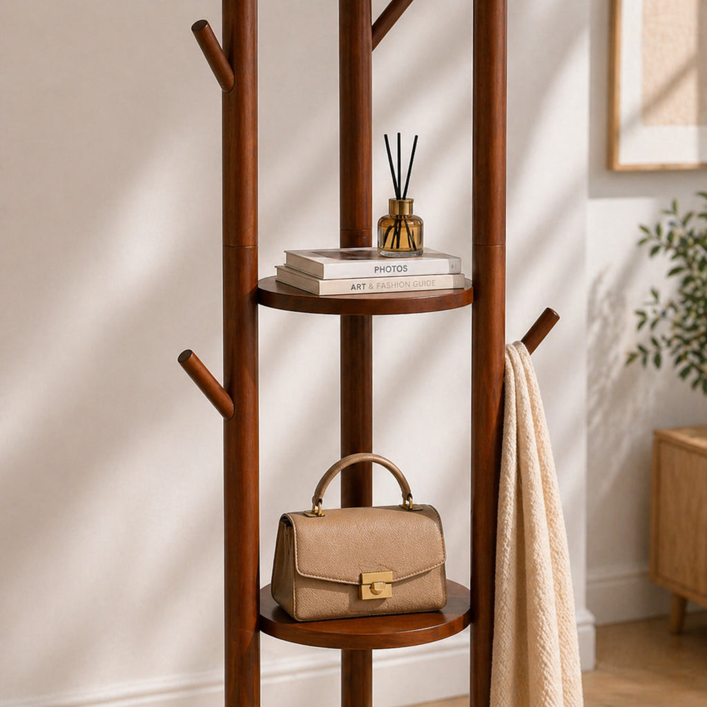 Porte-Manteau sur Pied Bois Montants Tablettes Rondes, vue 3 sur 4