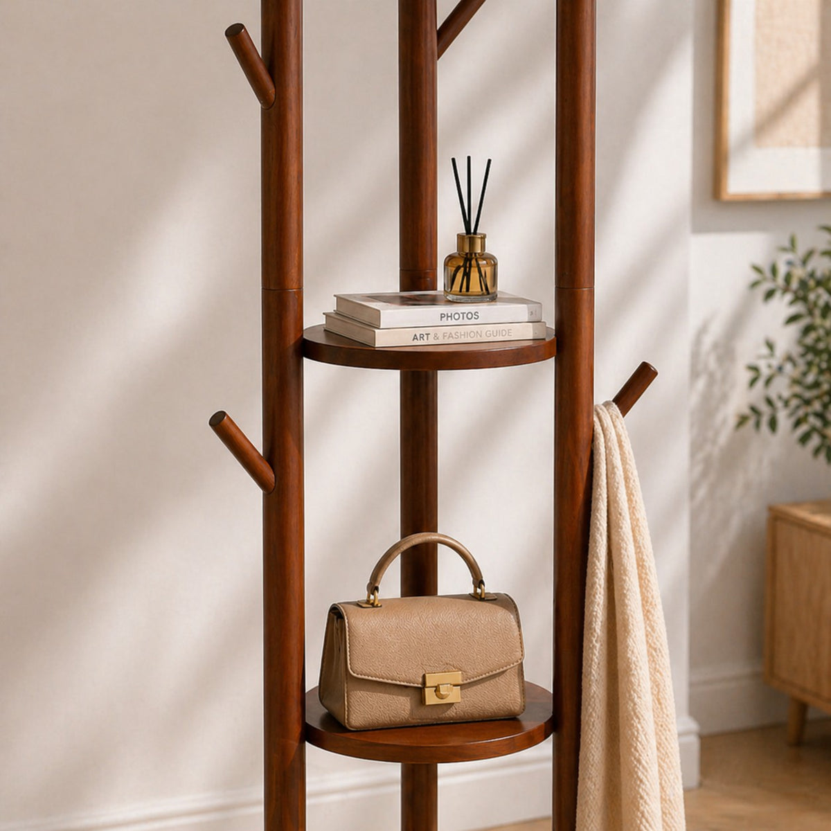 Porte-Manteau sur Pied Bois Montants Tablettes Rondes, vue 3 sur 4