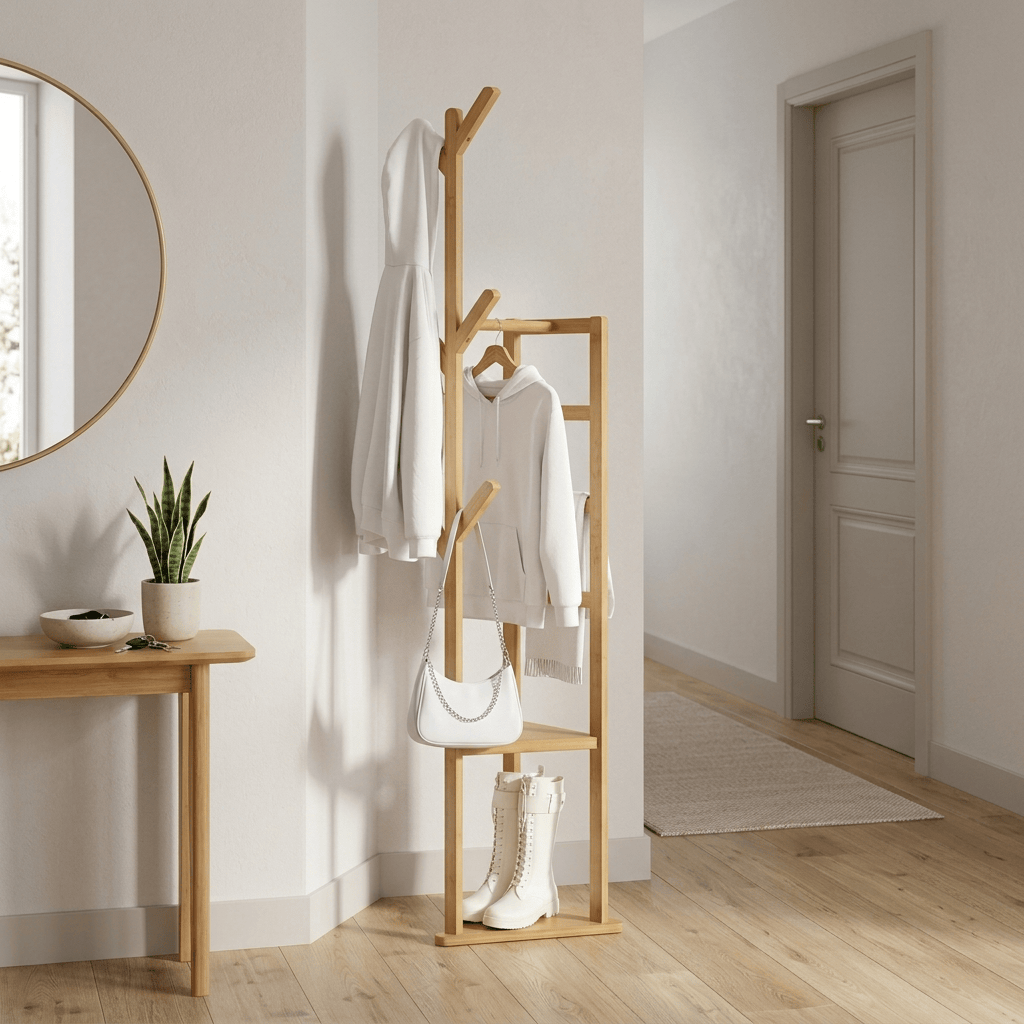 Porte-Manteau sur Pied Clair Bois Arbre Barre Cintres, vue 1 sur 4