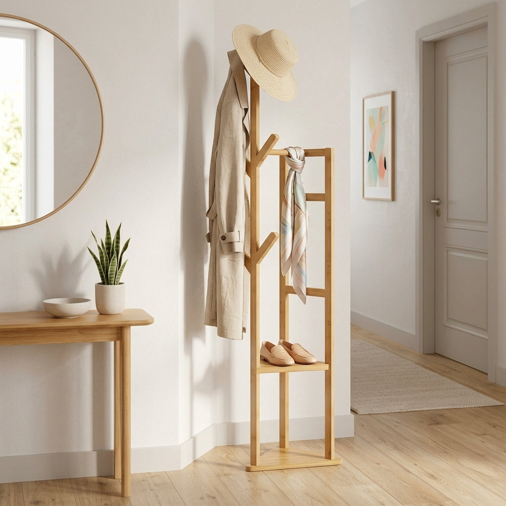 Porte-Manteau sur Pied Clair Bois Arbre Barre Cintres, vue 2 sur 4