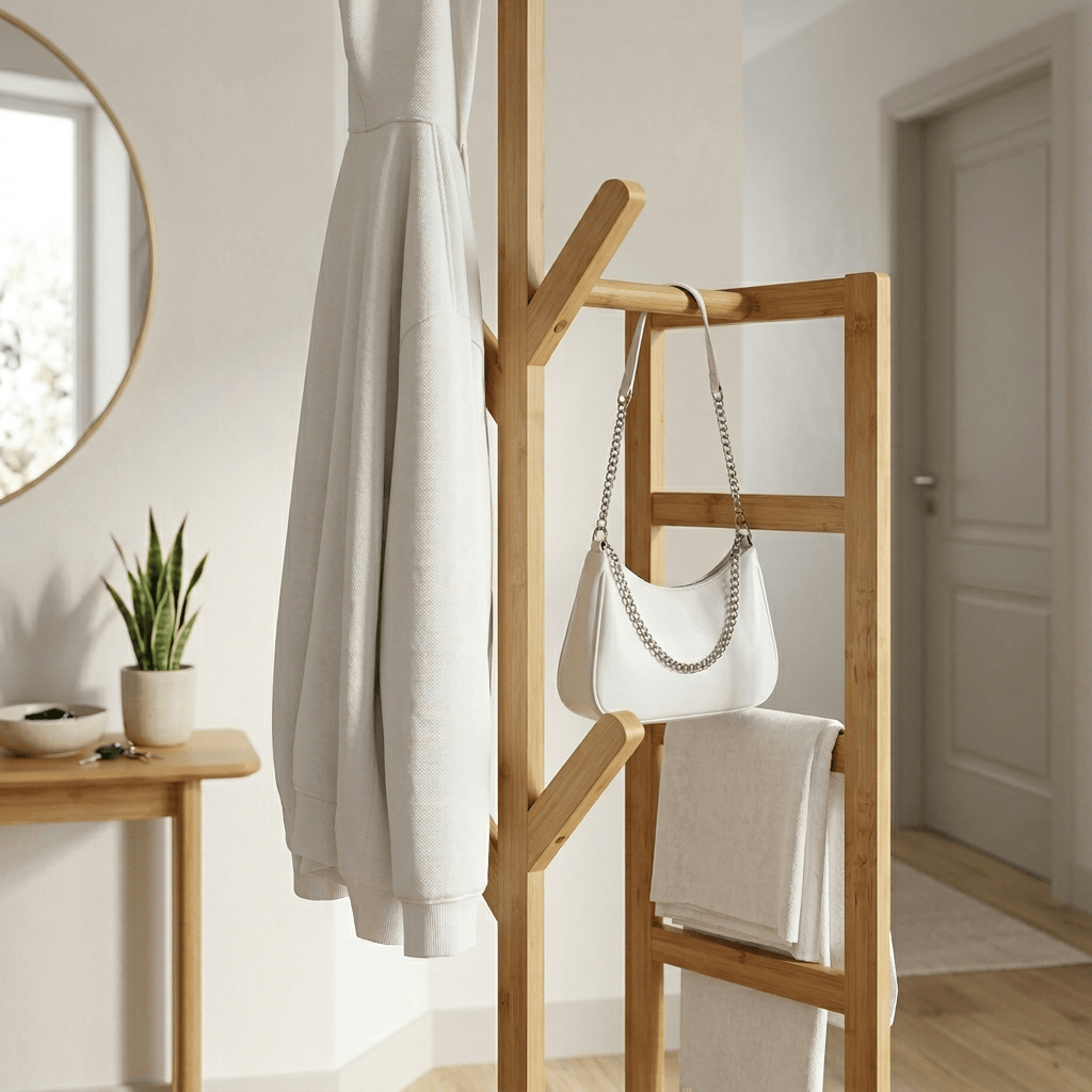 Porte-Manteau sur Pied Clair Bois Arbre Barre Cintres, vue 3 sur 4