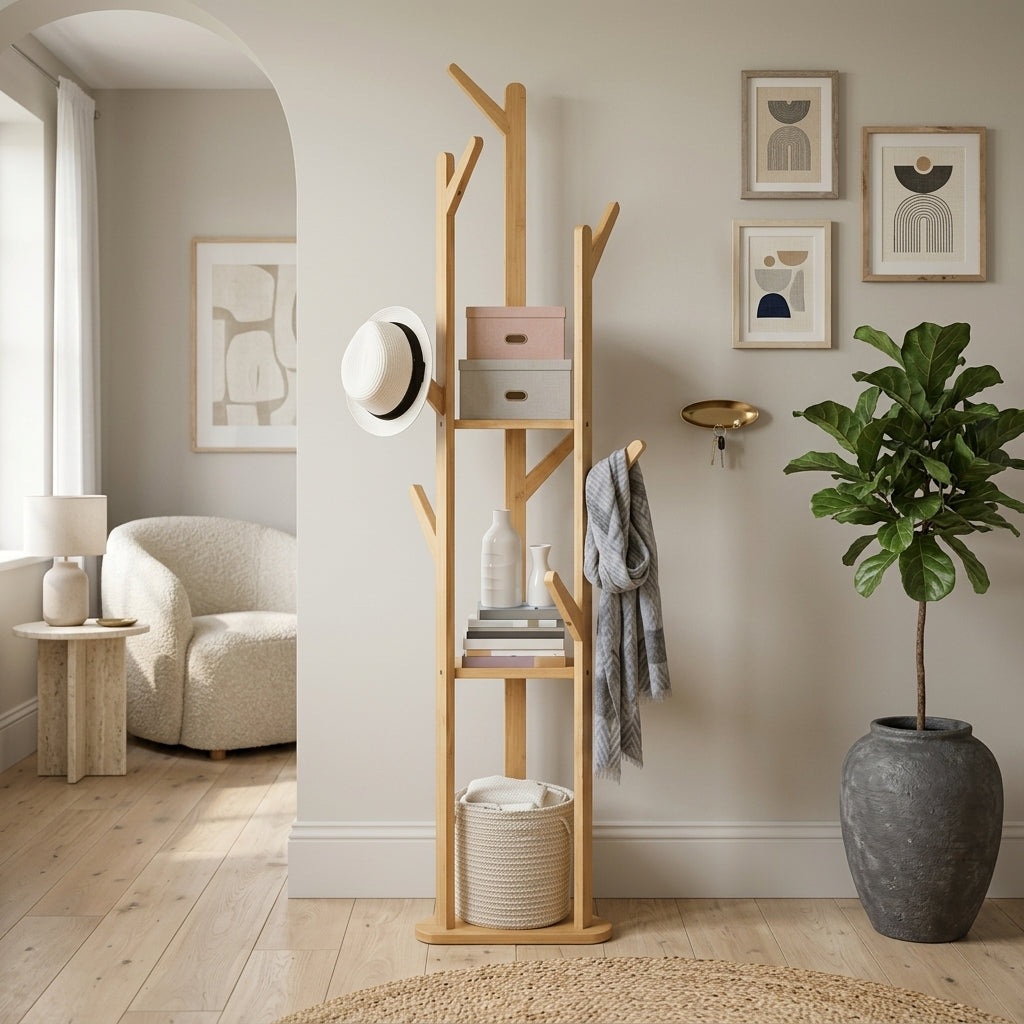 Porte-Manteau sur Pied Clair Bois Branches Tablettes, vue 1 sur 4