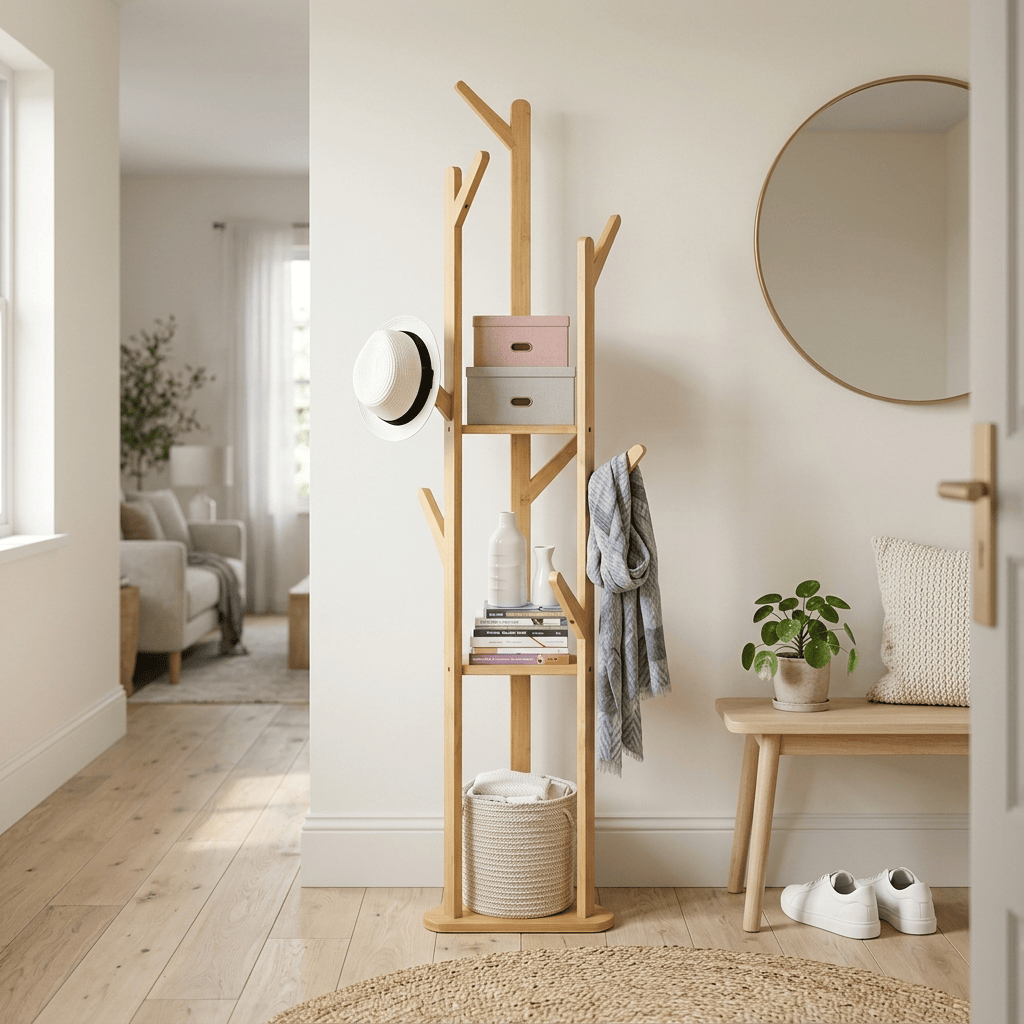 Porte-Manteau sur Pied Clair Bois Branches Tablettes, vue 2 sur 4