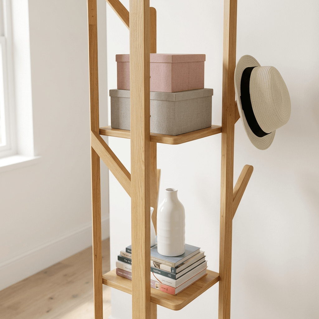 Porte-Manteau sur Pied Clair Bois Branches Tablettes, vue 3 sur 4