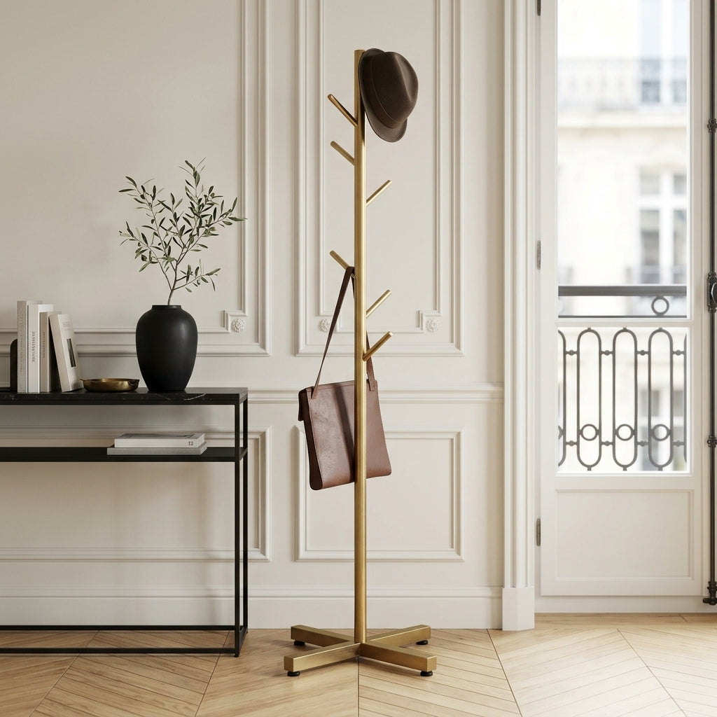 Porte-Manteau sur Pied Doré Arbre Base Croisée, vue 1 sur 4
