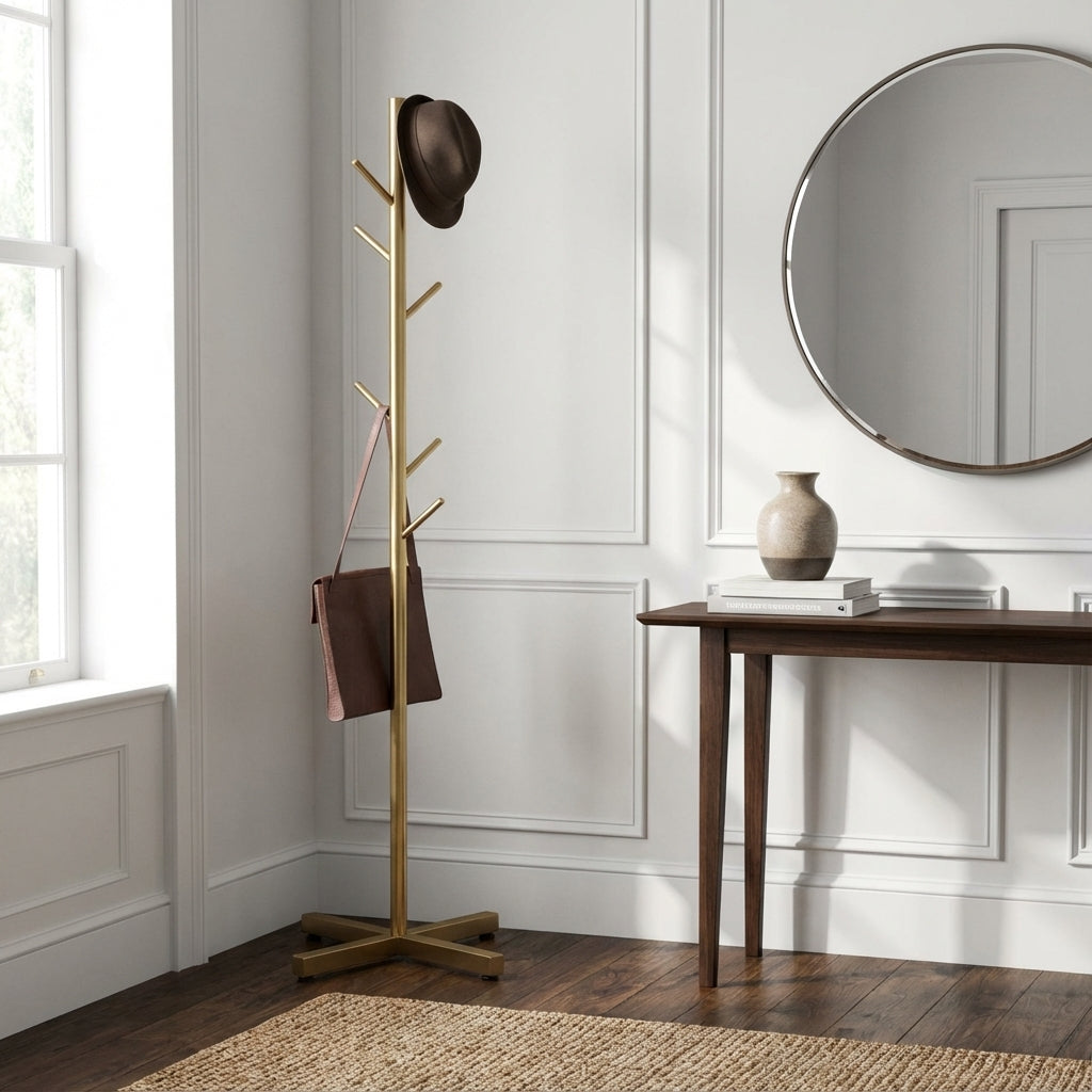 Porte-Manteau sur Pied Doré Arbre Base Croisée, vue 2 sur 4