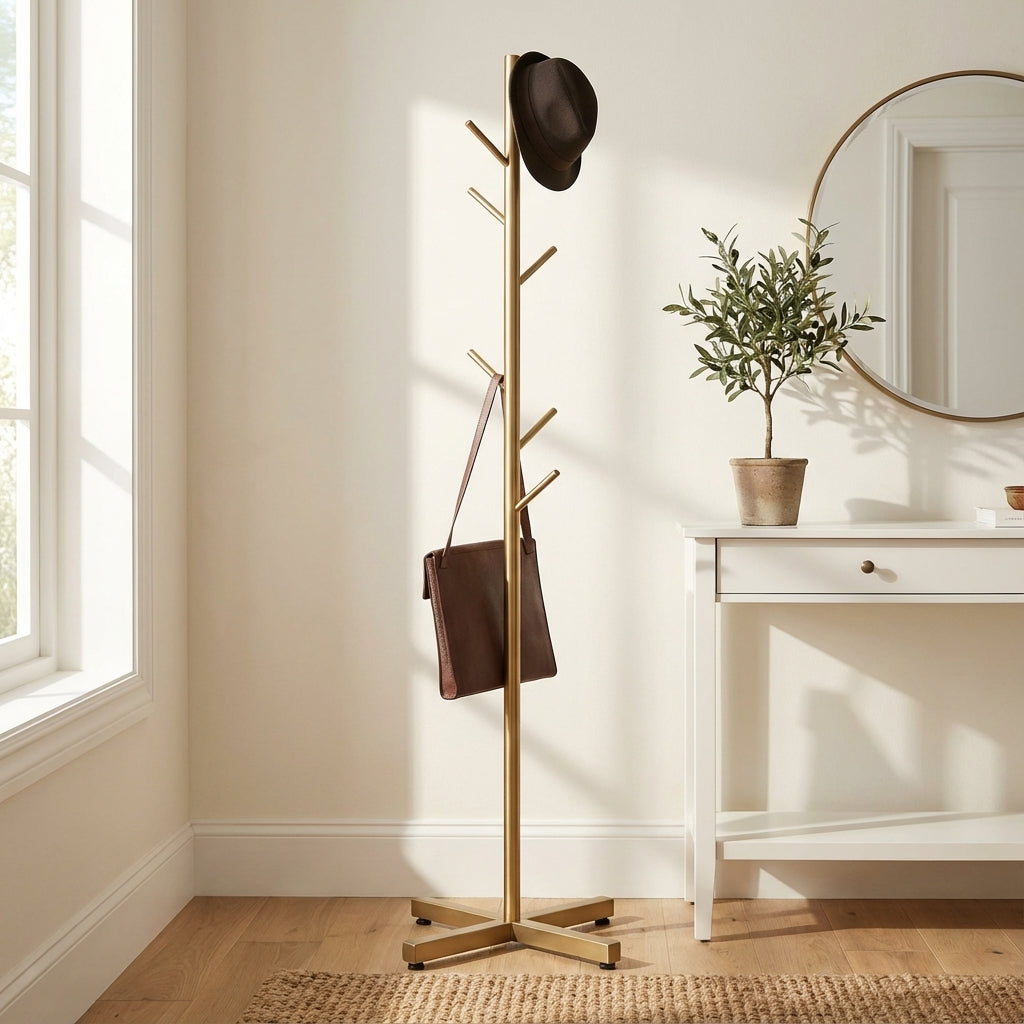 Porte-Manteau sur Pied Doré Arbre Base Croisée, vue 3 sur 4