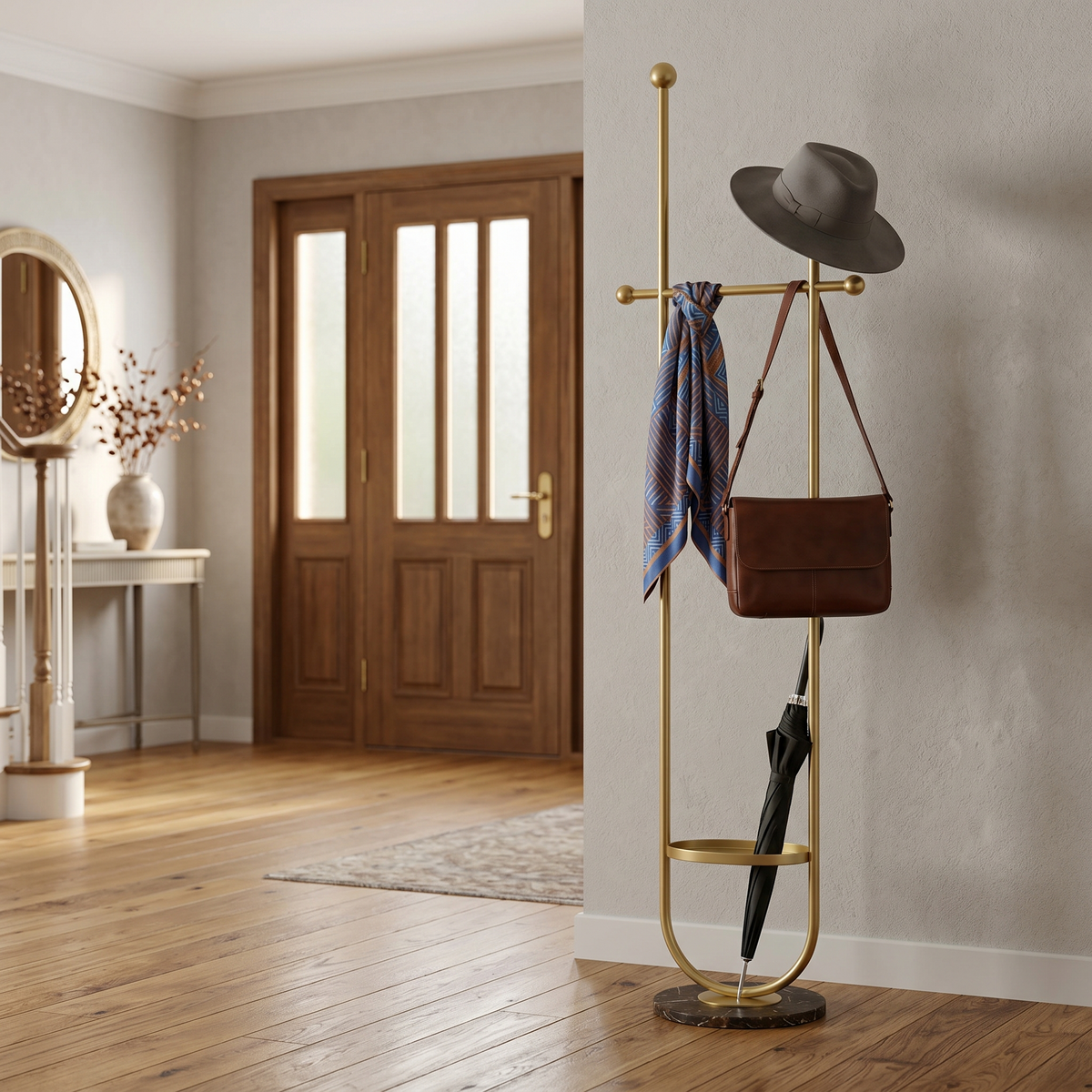 Porte-Manteau sur Pied Doré Noir Porte-Parapluie, vue 2 sur 4